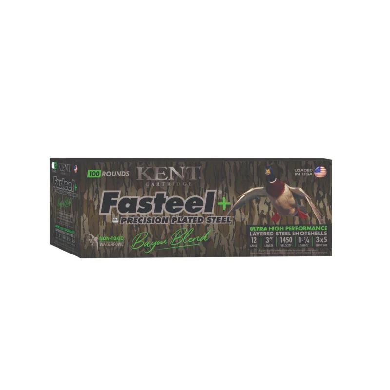Kent Fasteel+ Bayou 12ga 3-inch 1-1/4oz precision plated steel shotshells #3 & #5