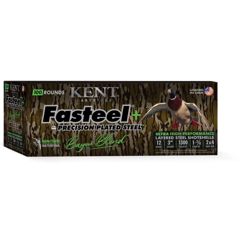 Kent Cartridge Fasteel+ Bayou 12GA 3" 1-3/8oz #2 & #4 shotshell box