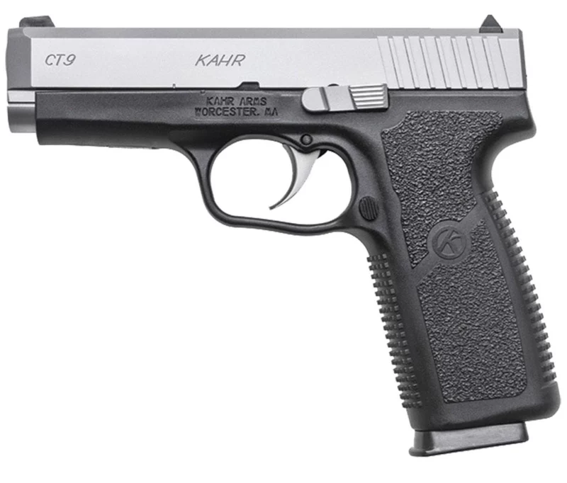 Kahr Arms CT9 9mm pistol with 4 inch stainless barrel and matte stainless slide on black polymer frame