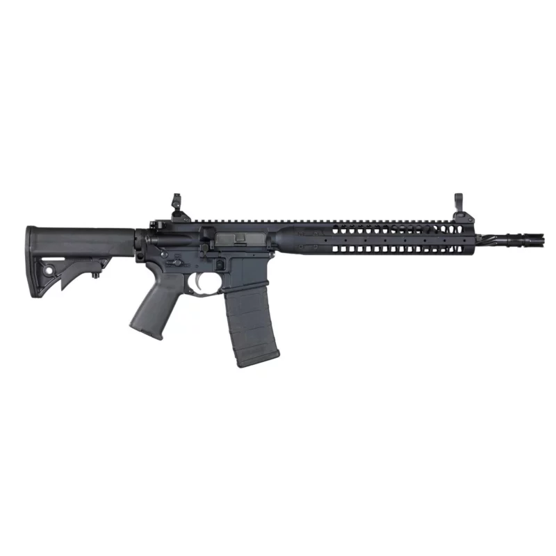 LWRC IC-SPR 5.56 NATO pistol‑style AR rifle in black with modular rail and Skirmish sights