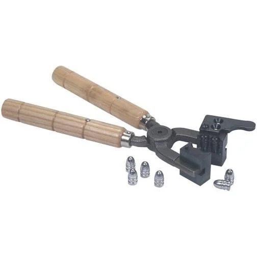 Lyman four-cavity bullet mould handles with hardwood grips and solid metal frame