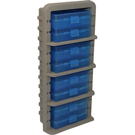 MTM AR9M ammo rack with eight clear blue and dark earth P50-9M flip-top ammo boxes