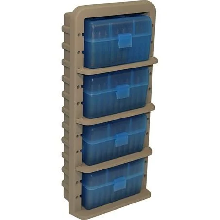 MTM ARRS ammo rack with 4 RS-50 clear blue flip-top boxes and dark earth rack