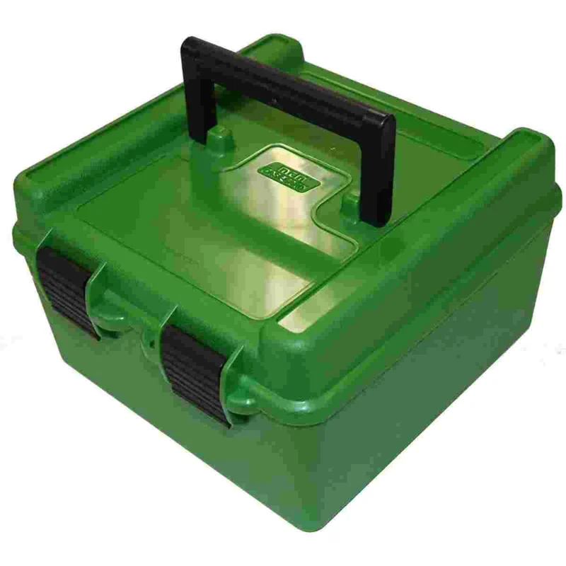 MTM Deluxe R-100 100-round green rifle ammo box with handle and Snap-Lok latch