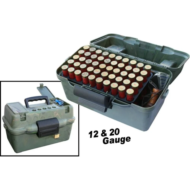 MTM Deluxe Shotshell Case SF100D wild camo holds 100 shotshells with removable trays and lockable latch