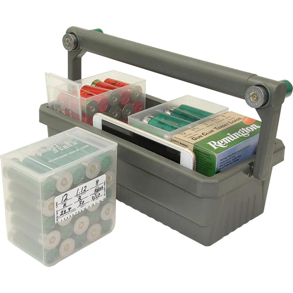 MTM Shotshell Box Caddy with four clear 12ga 2 3/4-inch shell boxes