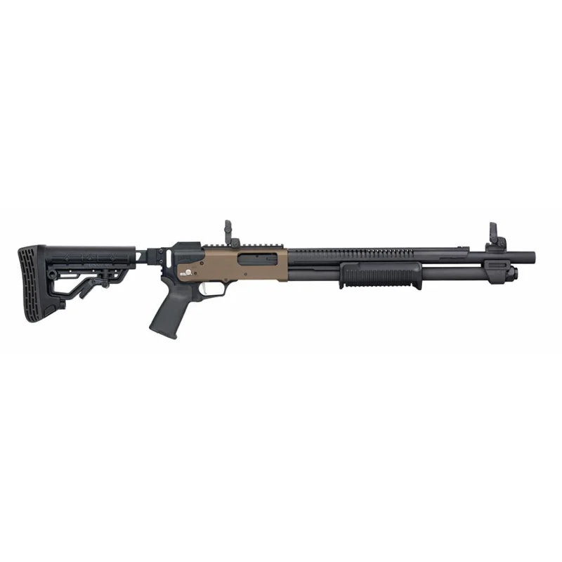 Mossberg 590R Tactical 12 Gauge shotgun, MBUS folding sights, two-tone FDE/black