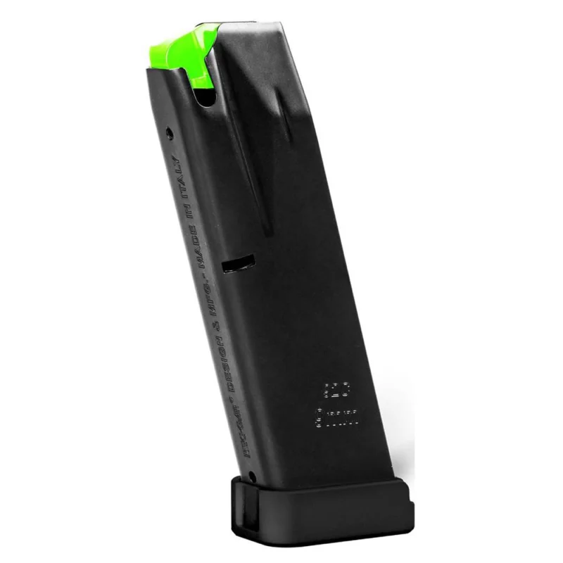 Mec-Gar 9mm magazine for Beretta 92FS Compact with extended aluminum floorplate and green follower