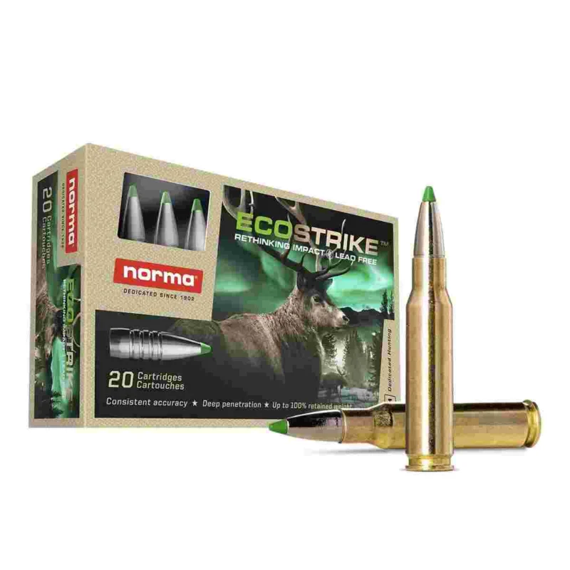 Norma EcoStrike .300 Win Mag 165 gr Polymer Tip ammunition box and cartridges