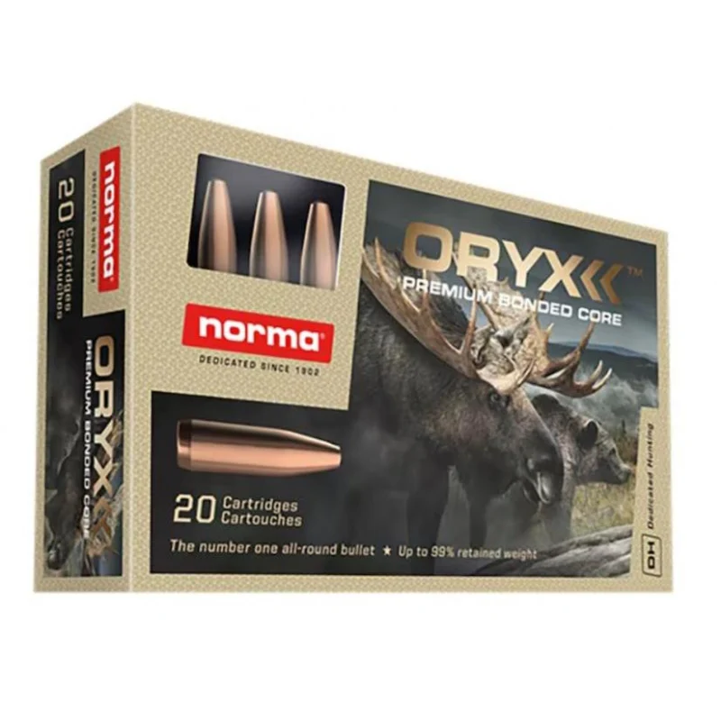 Norma ORYX 35 Whelen 250gr SP rifle ammunition box and cartridges