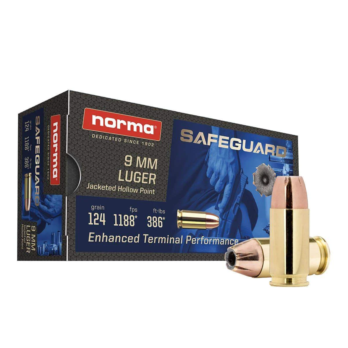 Norma Safeguard 9mm Luger 124 gr JHP ammunition 50 rd box
