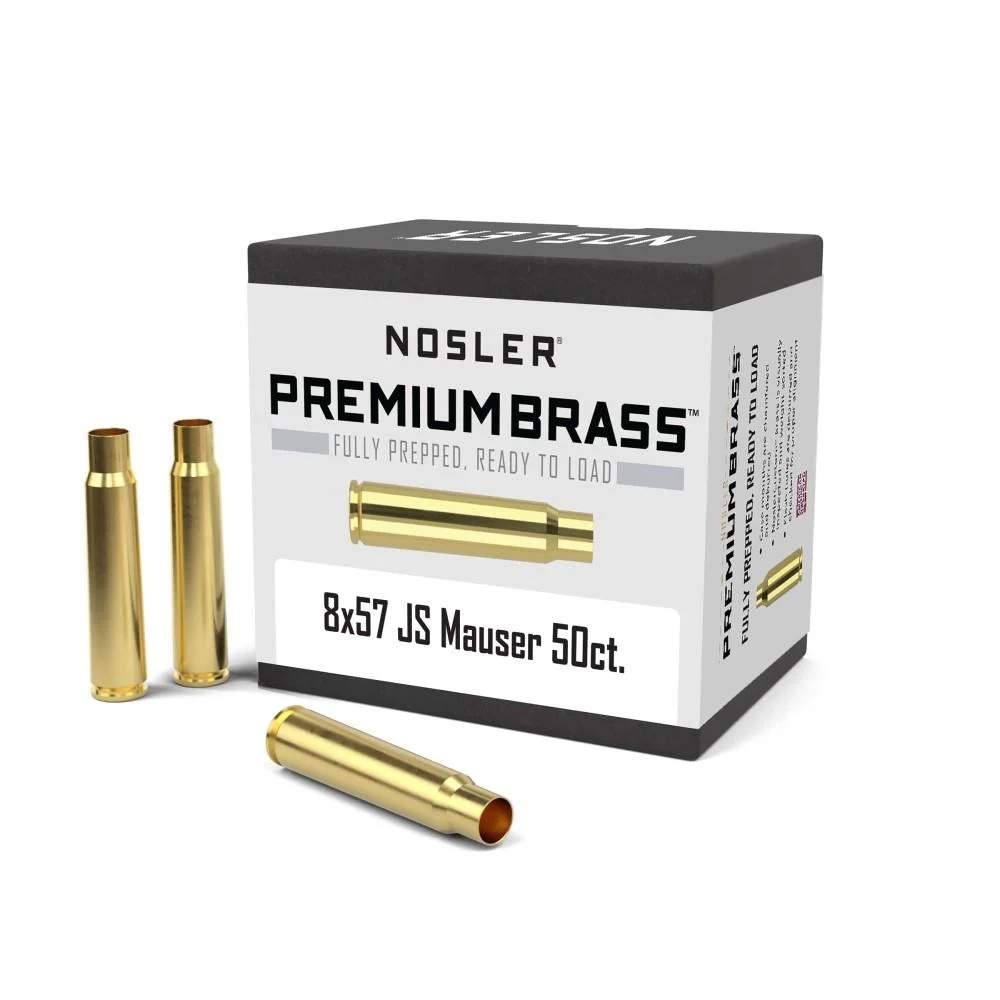 Nosler 8x57mm JS Mauser unprimed brass cartridge cases 50-count