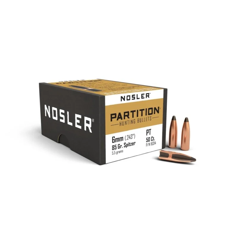 Nosler Partition 6mm .243 85 gr Spitzer bullets, 50 per box