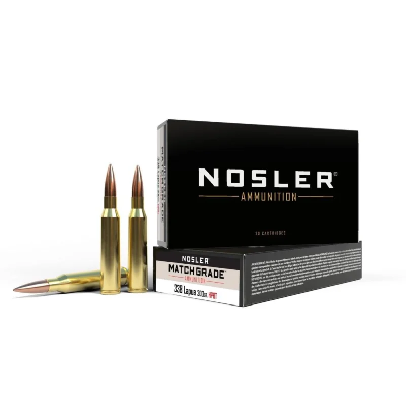 Nosler Match Grade .338 Lapua Mag 300gr CC ammunition box, 20 rounds
