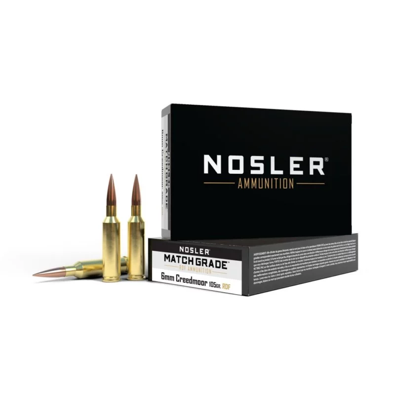 Box of Nosler Match Grade RDF 6mm Creedmoor 105 gr HPBT ammunition and loose rounds
