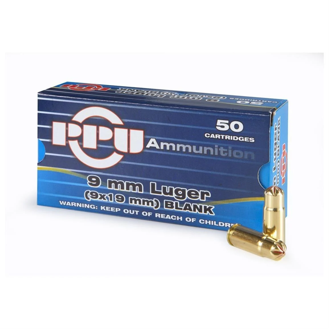 PPU 9mm Luger blank ammunition box, 50 rounds