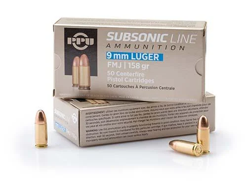 PPU Subsonic 9mm Luger 158 gr FMJ ammunition 50-round box