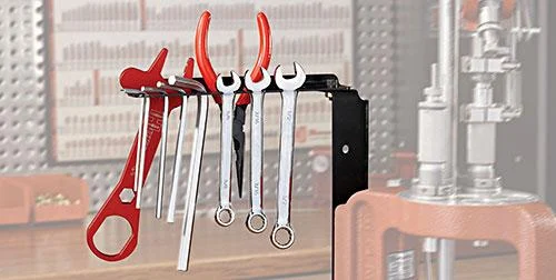 Hornady Lock-N-Load AP Tool Caddy with included wrenches and pliers mounted on press