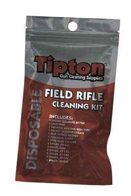 AOB Tipton Rifle Field Cleaning Kit components including bore cable, brush, wipes, grease and resealable pouch