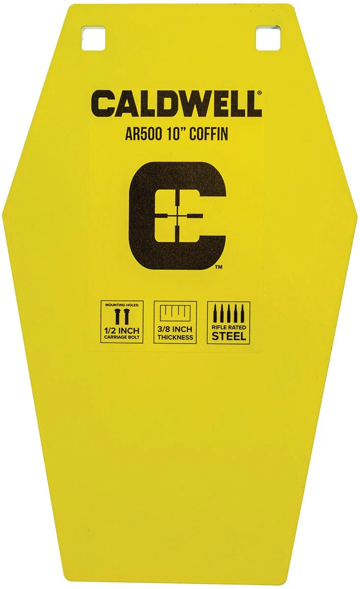 Caldwell AR500 10in yellow coffin steel target, hanging mount
