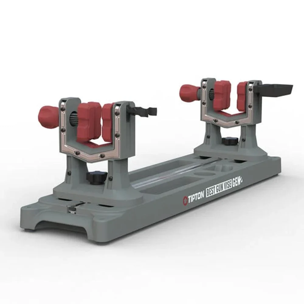 Tipton Best Gun Vise Gen 2 on workbench with clamps and VISE MOD tool holder