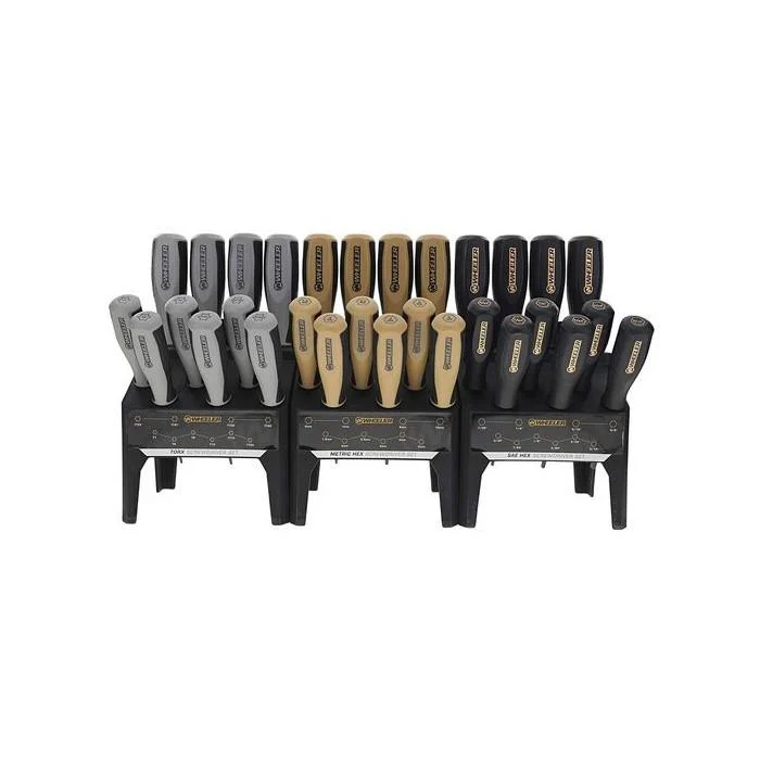 Wheeler 30-piece Hex/Torx benchtop screwdriver set on modular stand with color-coded handles