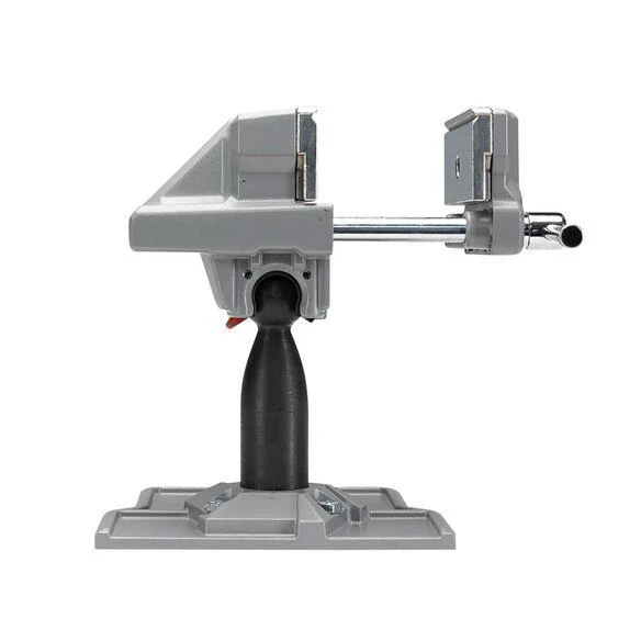 Tipton Best Gun Vise 360 in gray and red mounted on a workbench