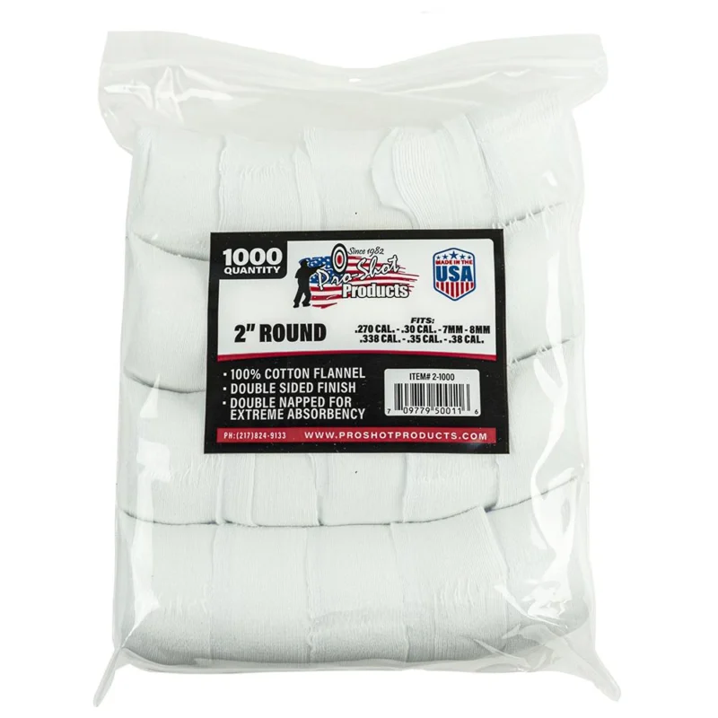 Pro-Shot 2-inch round cotton flannel cleaning patches, 1000 count, for .270-.38 calibers