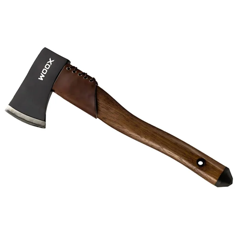 WOOX AX1 tomahawk axe with blued carbon steel head and leather collar