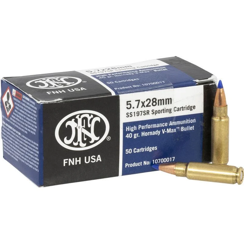 FN 5.7x28mm 40gr V-MAX ammunition, 50rd box and 500rd case