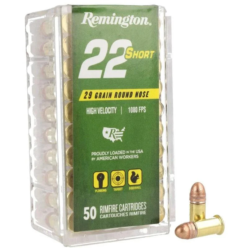 Remington 22 Short 29gr CPRN rimfire ammunition box and cartridges