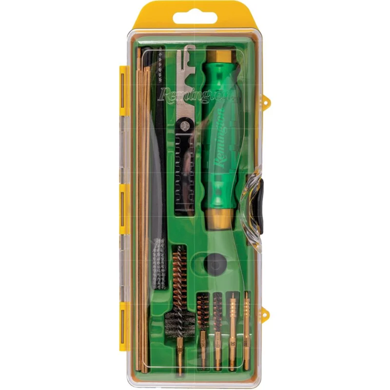 Remington AR Tactical Cleaning Kit laid out: brass rods, brushes, jags, chamber brush, AR scraper and plastic muzzle guard