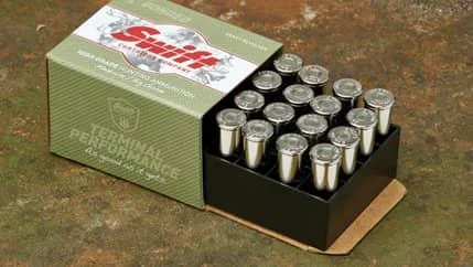 Swift A-Frame .357 Mag 180 gr ammunition box showing 20 rounds and A-Frame bullets