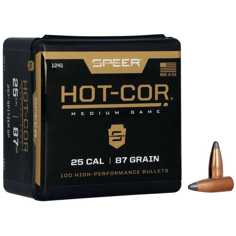 Speer Hot-Cor .25 Cal (0.257 inch) 87 gr Spitzer rifle bullets 100 count box