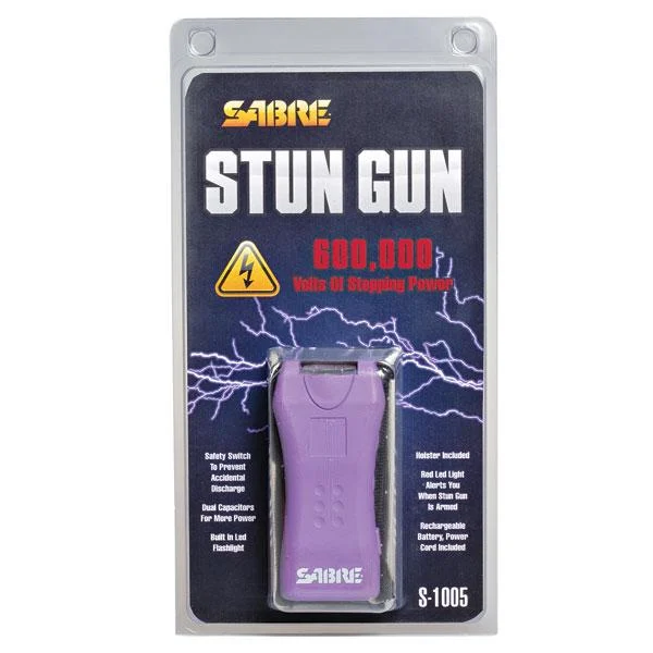 SABRE purple mini stun gun with built-in LED flashlight and belt holster