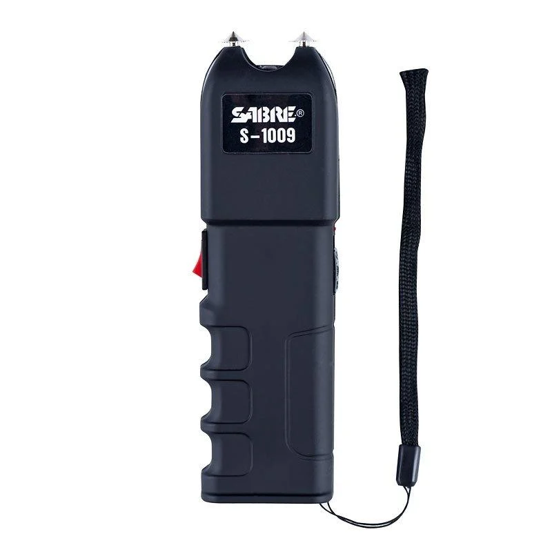SABRE S-1009 black tactical stun gun with built-in LED flashlight and anti-grab bar