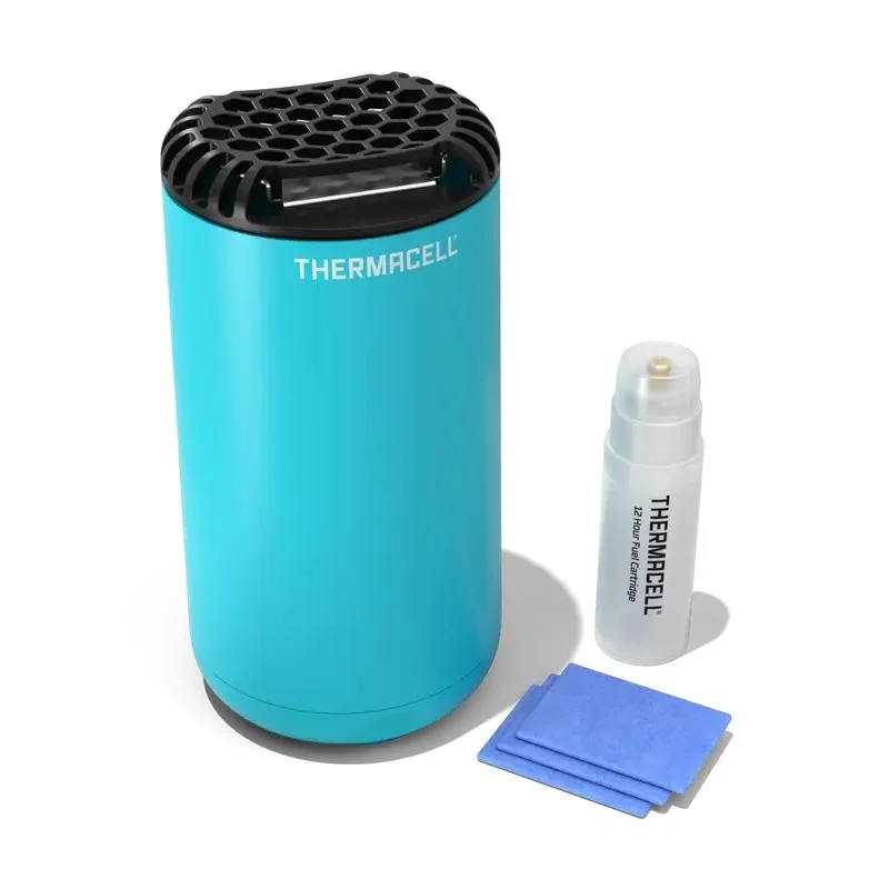 Thermacell Patio Shield mosquito repeller in blue with fuel cartridge and repellent mats