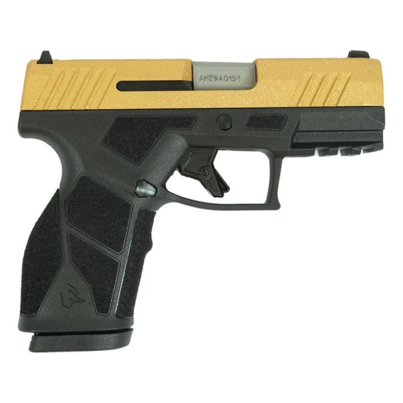 Taurus GX2 Gold Glitter 9mm handgun right-side view, 3.38 inch barrel, black polymer frame
