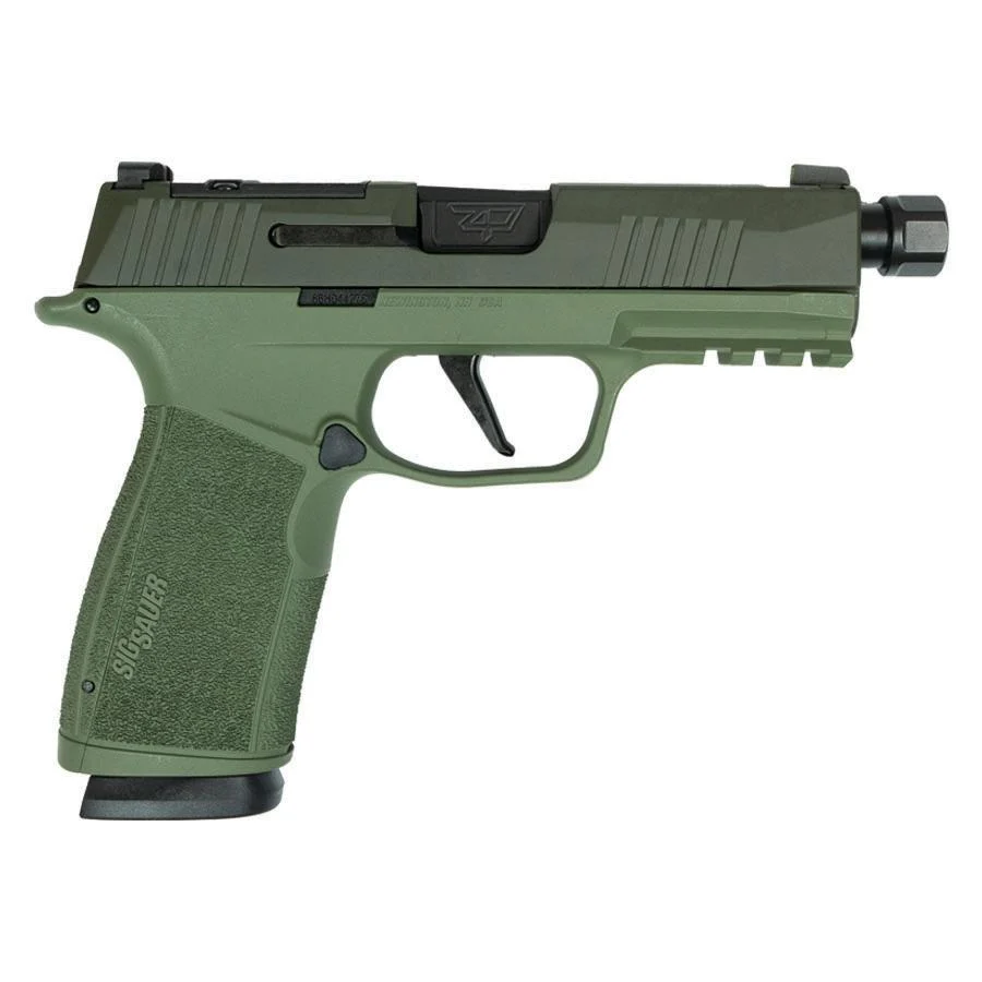 Sig Sauer P365 XMacro 9mm handgun, 3.7-inch barrel, two-tone green, right-side view
