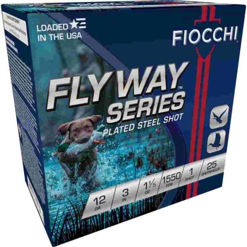 Fiocchi Flyway 12ga 3" steel shotshells box - 25 rounds, 1-1/5oz #1 1550fps