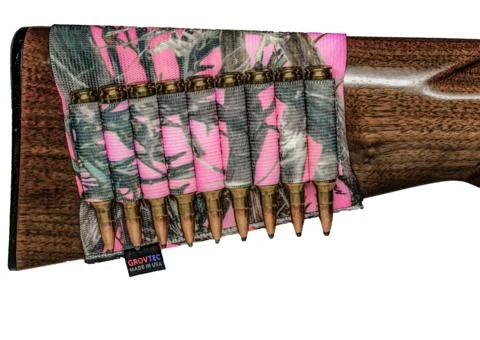 Grovtec buttstock shell holder TrueTimber Pink, nylon sleeve fits 9 rifle rounds