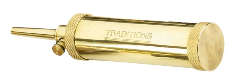 Traditions Deluxe tubular brass powder flask with valve-type 30-grain spout