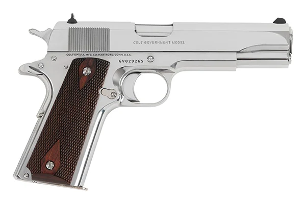 Colt 1911 Government .45 ACP 5-inch Bright Stainless pistol side view