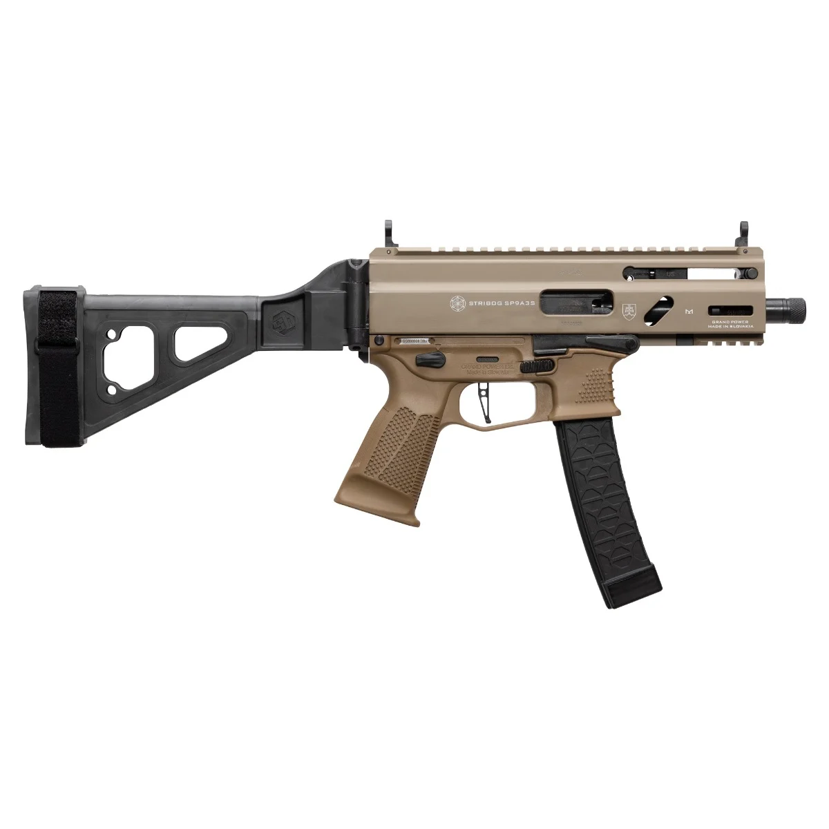 Grand Power Stribog SP9A3S 9mm pistol Flat Dark Earth with SB Tactical folding brace