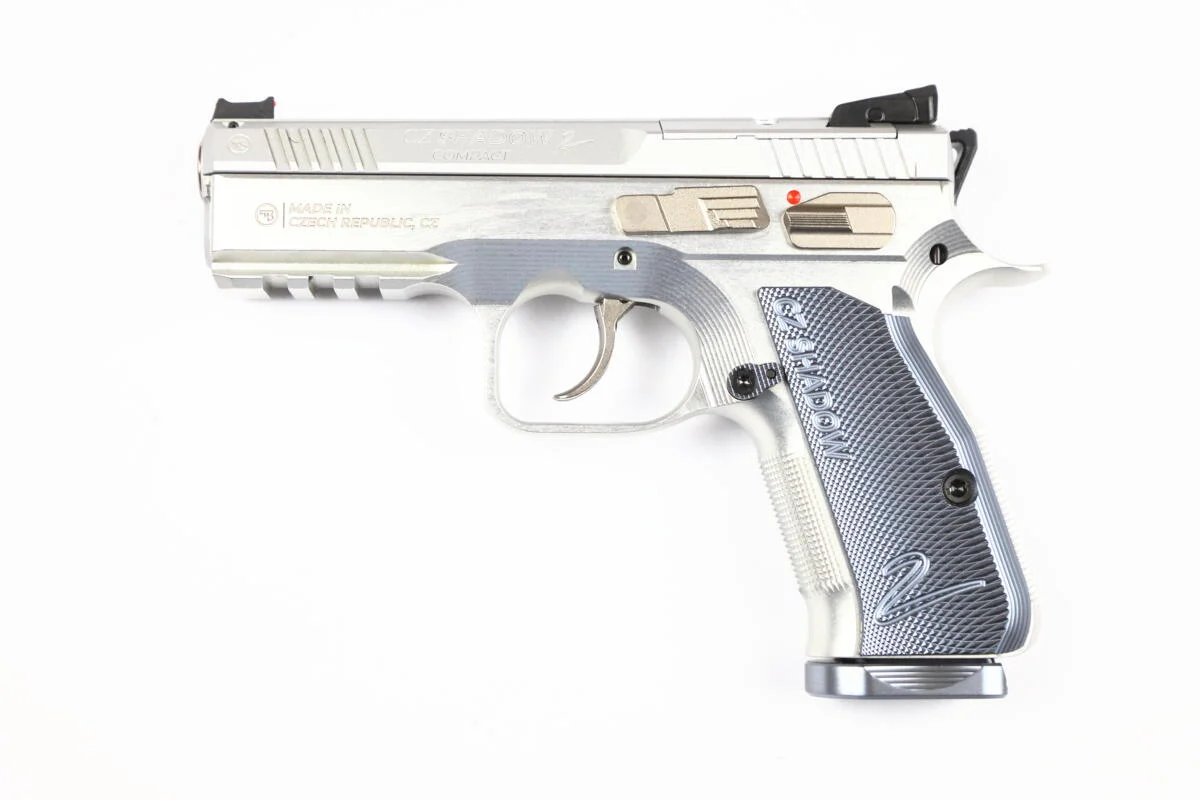 CZ Shadow II Compact Industrial Series 9mm silver pistol, 4-inch barrel, two 15-round magazines