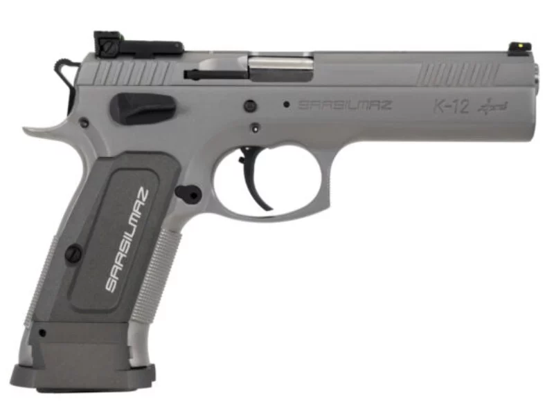 SAR K-12 Sport 9mm 4.7-inch stainless steel pistol with gray polymer grip and adjustable rear sights