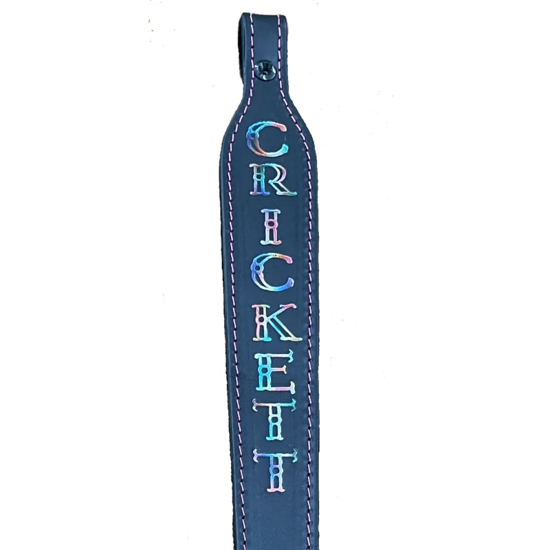 Davey Crickett KSA802 black leather rifle sling with pink stitching and embossed Crickett logo