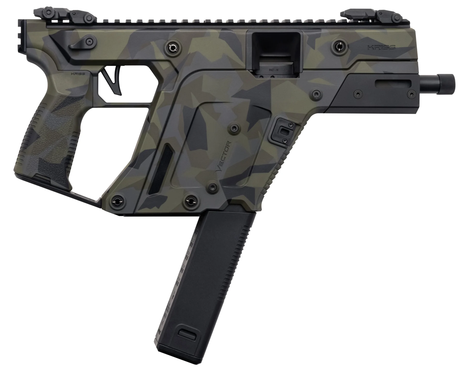 KRISS Vector SDP Gen3 .45 ACP pistol in Woodland Delta Camo, side view