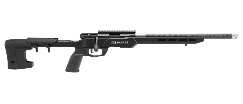 Savage B17 Precision Lite 17 HMR rifle with 18-inch carbon-wrapped barrel and MDT chassis, black, right-hand