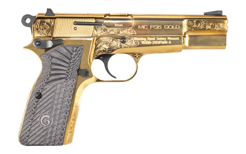 EAA Girsan MCP35 9mm pistol, gold engraved steel frame, 4.87 inch barrel, G10 grips